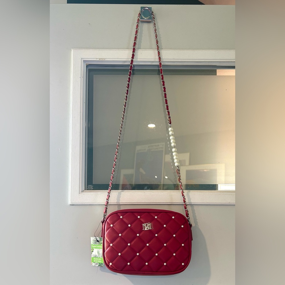 NWT Red Quilted and Pearl Embellished Vegan Leather Handbag